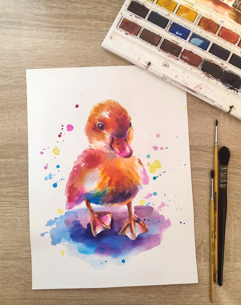 Duckling Watercolor Painting Colorful Animal Art Duckling Illustration Original - 壁貼/牆壁裝飾 - 其他材質 橘色