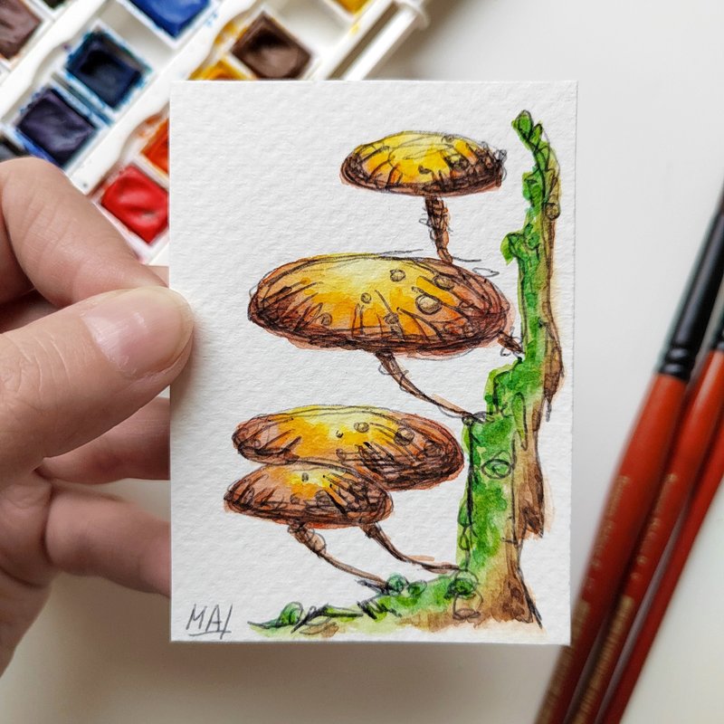 Original Mushroom Aceo Floral Cards in Watercolor - ตกแต่งผนัง - กระดาษ สีส้ม