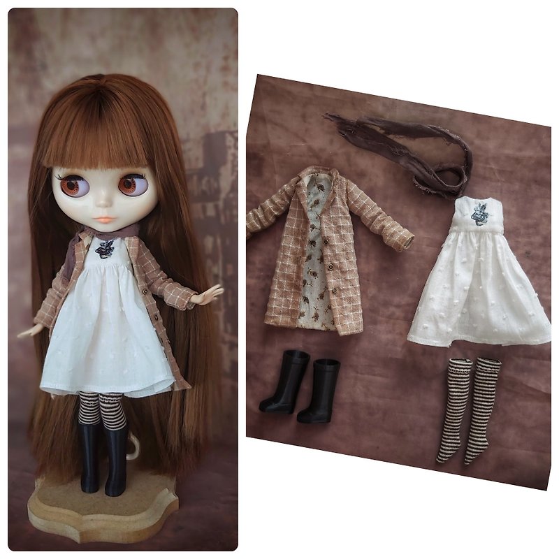 Blythe doll outfit: coat, dress, rubber boots, socks, scarf - Kids' Toys - Cotton & Hemp White