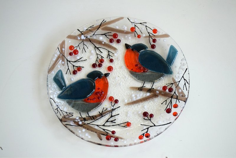 Dessert plates with bird - Fused glass hand painted plates for sweets - 盤子/餐盤/盤架 - 玻璃 透明