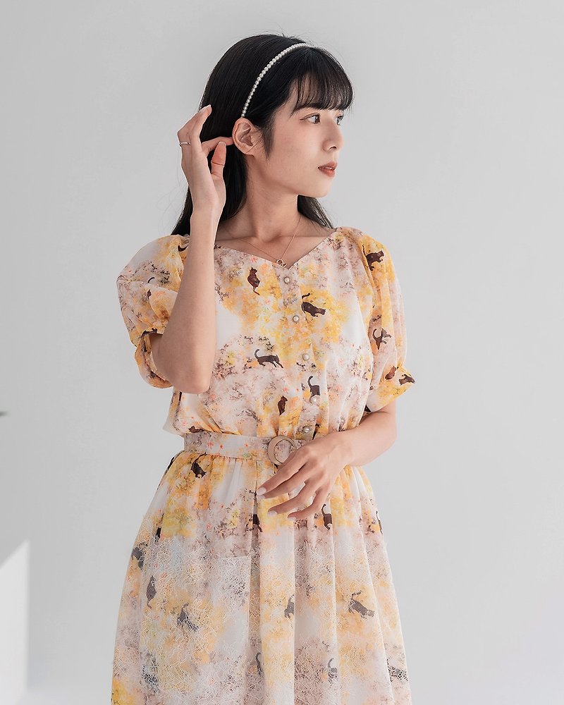 [LADY] Forest Girl Lachlan Sleeve Long Dress Lace Dress Kyoto Byodoin Temple Large Size - ชุดเดรส - ผ้าฝ้าย/ผ้าลินิน สีเหลือง