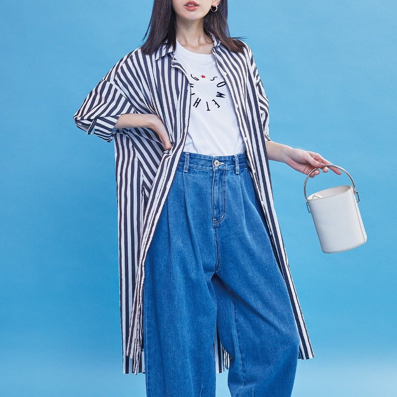 SOMETHING  長版條紋長袖襯衫(黑色) #上衣#外套 - 女襯衫 - 其他材質 黑色