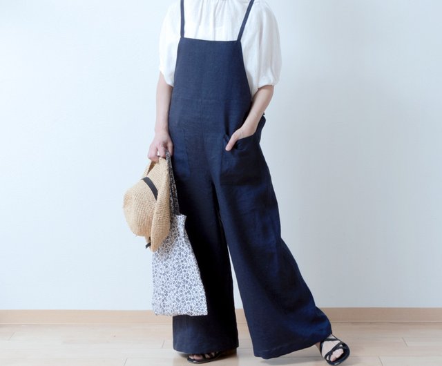 Relaxed and mature cute salopette wide pants - Linen/navy chambray