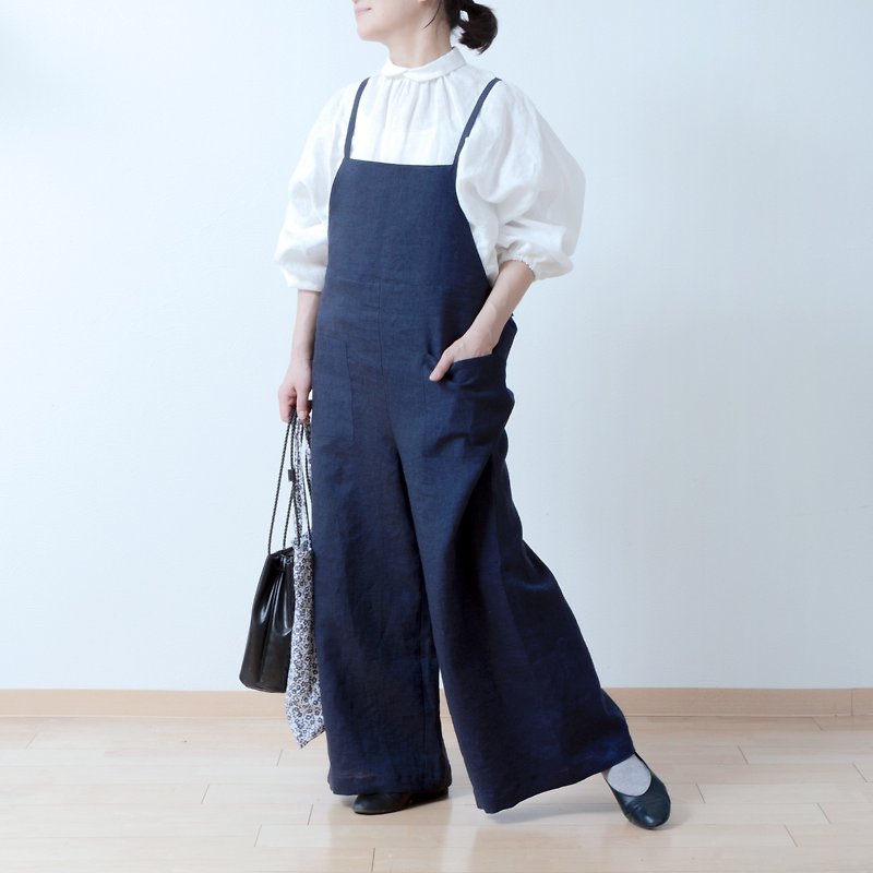 Relaxed and cute wide overall pants for adults - Linen/Navy Chambray - Overalls & Jumpsuits - Cotton & Hemp Blue