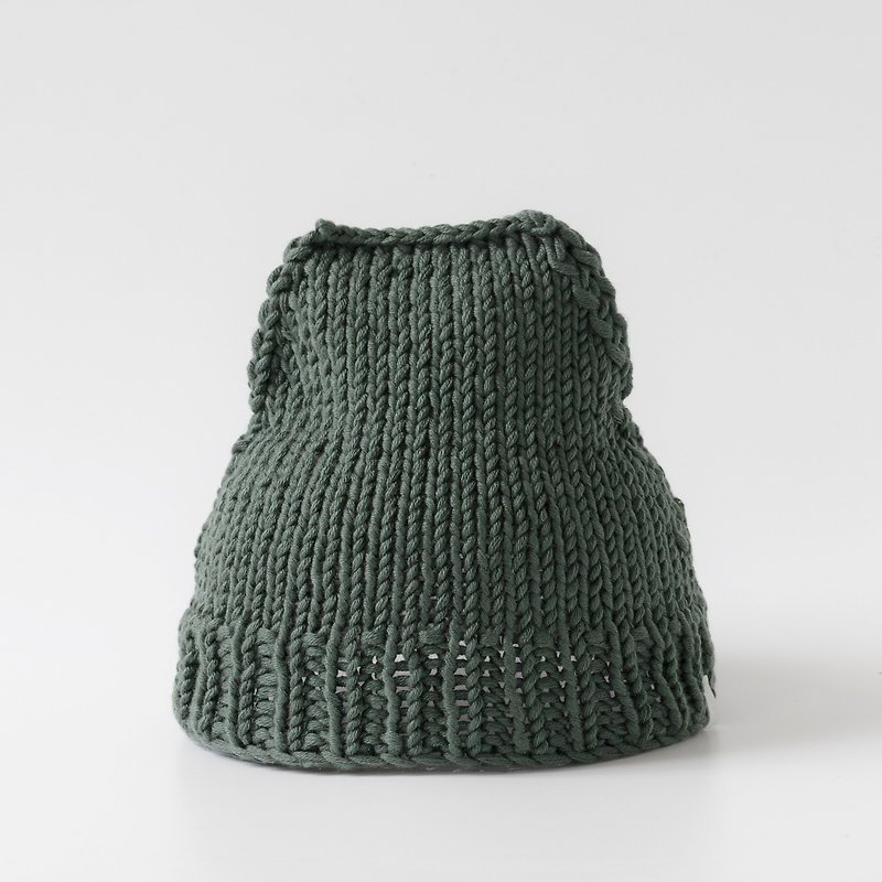 OTB108 梯型手工編織毛帽－軍綠 - 帽子 - 棉．麻 綠色