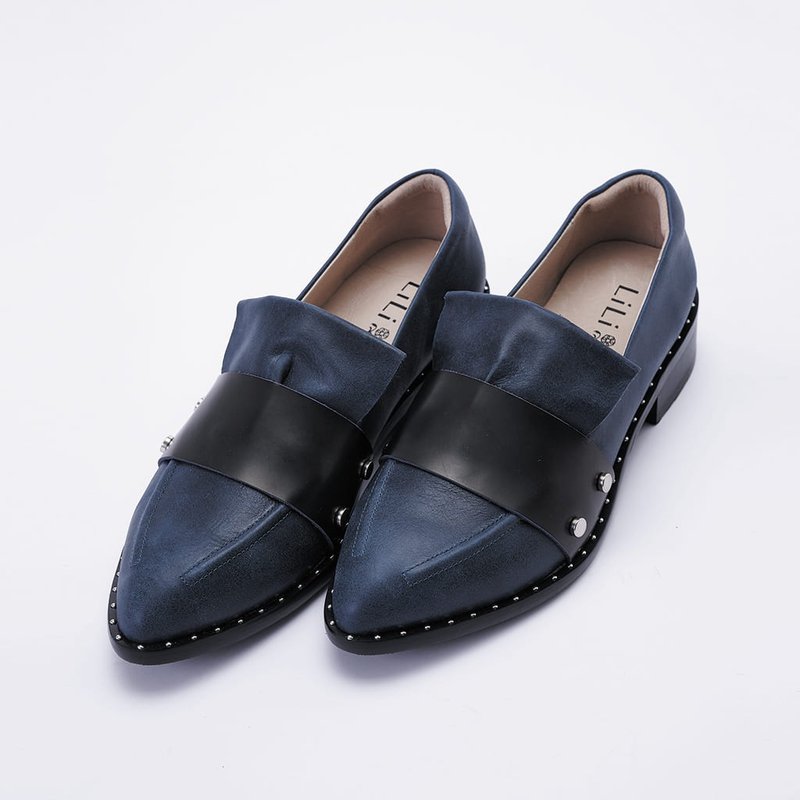 零碼【凡爾賽】小立領牛皮腰帶樂福鞋_夜幕藏藍 - 女牛津鞋/樂福鞋 - 真皮 藍色