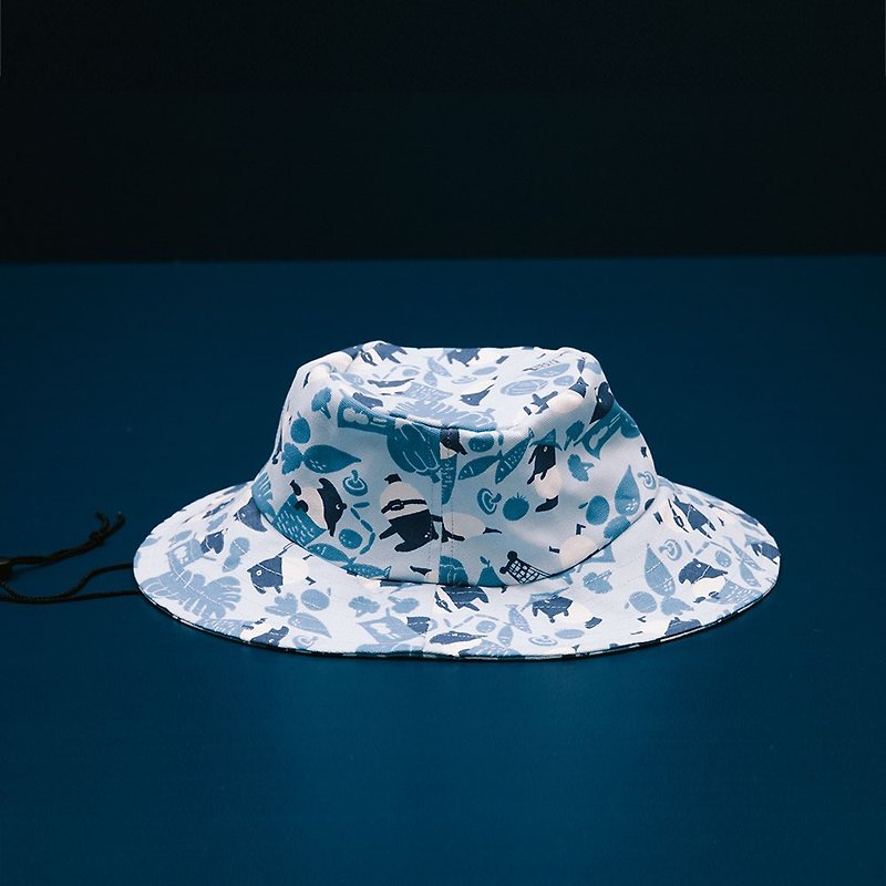 遮陽漁夫帽-可調式/限定花色/印花樂x馬來貘-中性藍 - 帽子 - 棉．麻 藍色