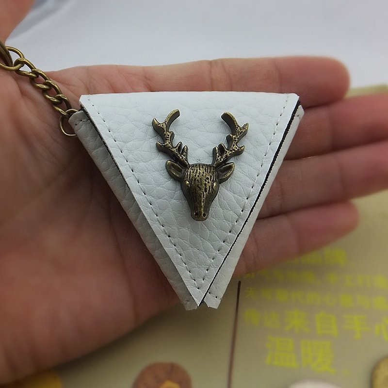 Valentine's day gift custom deer head triangle coin purse bag, guitar pick bag keychain charm - Coin Purses - Genuine Leather White