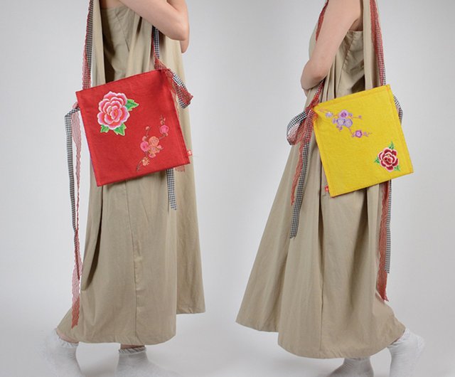台湾オリジナルエコロジー】手刺繍 手提げフラワーバッグ/クロスボディ