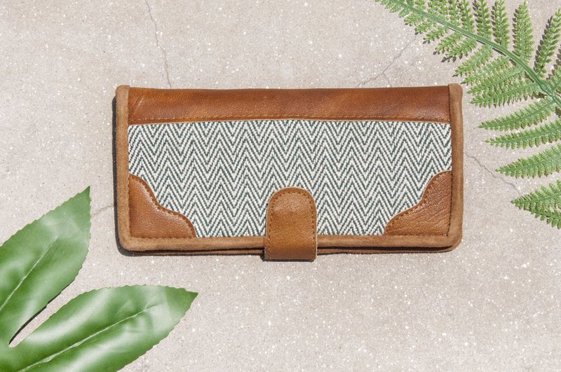 Hand-stitching leather long clip cotton Linen/ long wallet / purse / wallet woven - vegetable dyes green hills wallet - กระเป๋าสตางค์ - ผ้าฝ้าย/ผ้าลินิน สีเขียว