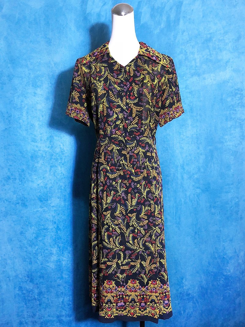 Complex totem chiffon short-sleeved vintage dress / brought back to VINTAGE abroad - ชุดเดรส - เส้นใยสังเคราะห์ สีดำ