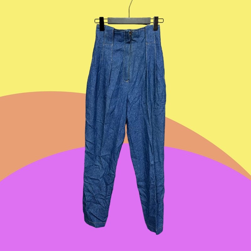 Second-hand vintage dark blue plain thick high waist denim trousers CA507 - กางเกงขายาว - เส้นใยสังเคราะห์ สีน้ำเงิน