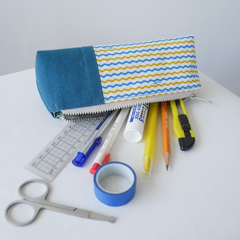 Pencil Box-Yellow and Blue Stripes and Blue Patterns - กล่องดินสอ/ถุงดินสอ - ผ้าฝ้าย/ผ้าลินิน สีน้ำเงิน