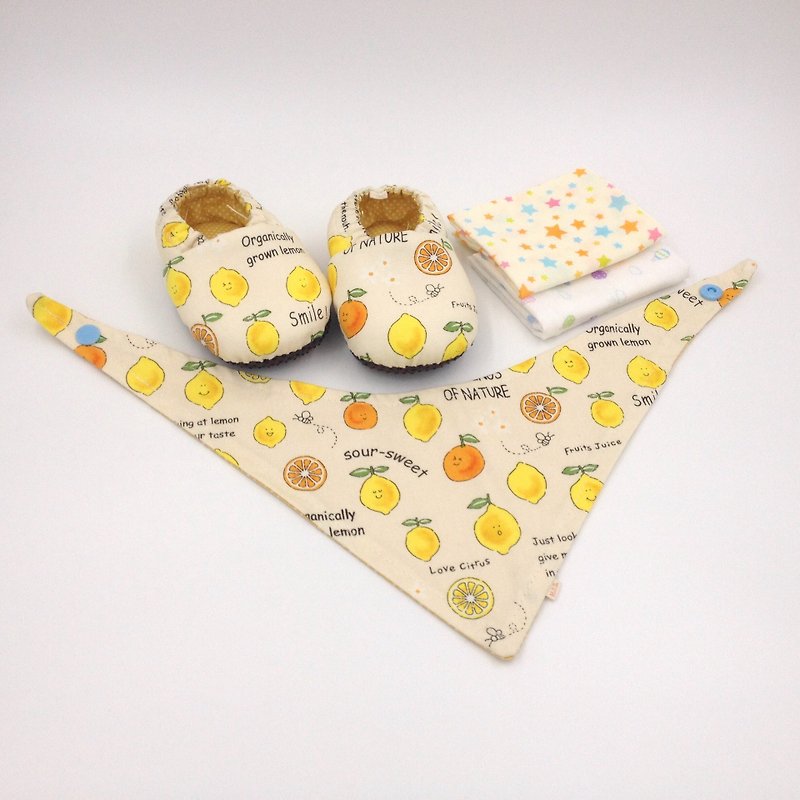 オレンジレモン -  Miyue赤ちゃんギフトボックス（幼児靴/ベビーシューズ/ベビーシューズ+ 2ハンカチ+スカーフ） - 出産祝い用贈物 - コットン・麻 イエロー