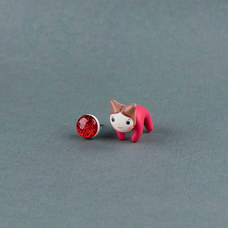 Cat Earrings - Polymer clay jewelry, Kawaii kitty stud, fake gauge/plug/tunnel - Earrings & Clip-ons - Clay Red