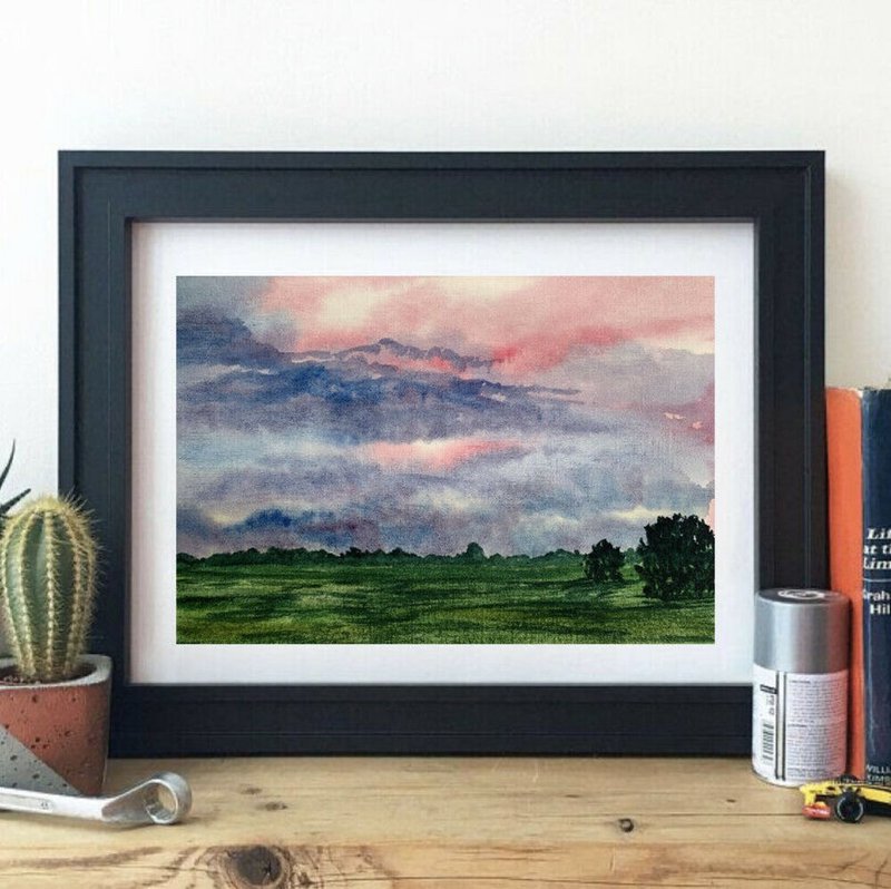 Original Watercolor Painting Cloudy Sky Landscape Green Field Art Trees Painting - 壁貼/牆壁裝飾 - 紙 多色