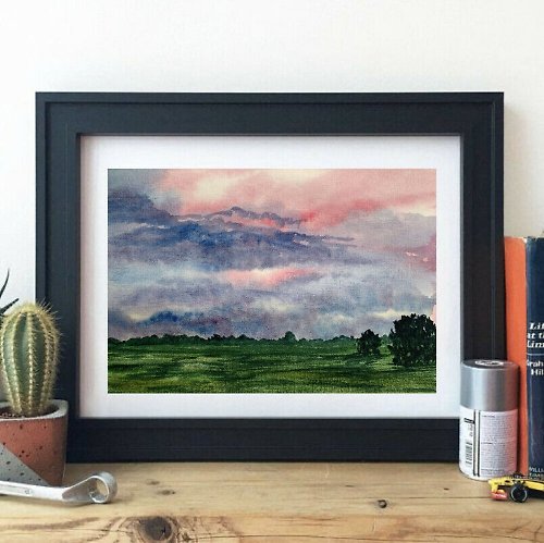 OsipovArtStudio Original Watercolor Painting Cloudy Sky Landscape Green Field Art Trees Painting