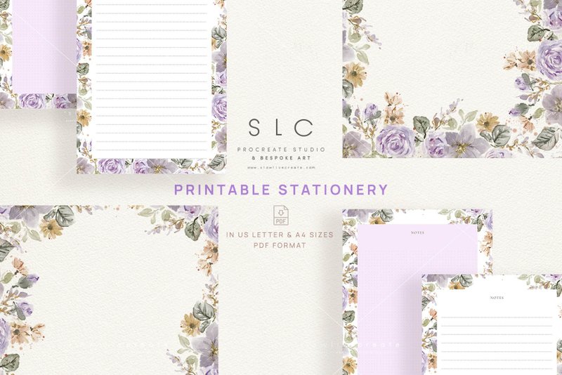Purple Aesthetic Digital & Printable Stationery Notes Pad | A4, Letter | Florals - 電子似顏繪/繪畫/插畫 - 其他材質 