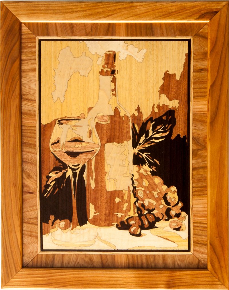Wine and grape still life framed boho style picture wood veneer inlay marquetry - Wall Décor - Wood Orange