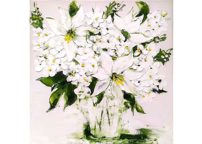 White Hydrangea Lily Oil Painting Original Art 12 by 12 - ตกแต่งผนัง - วัสดุอื่นๆ ขาว