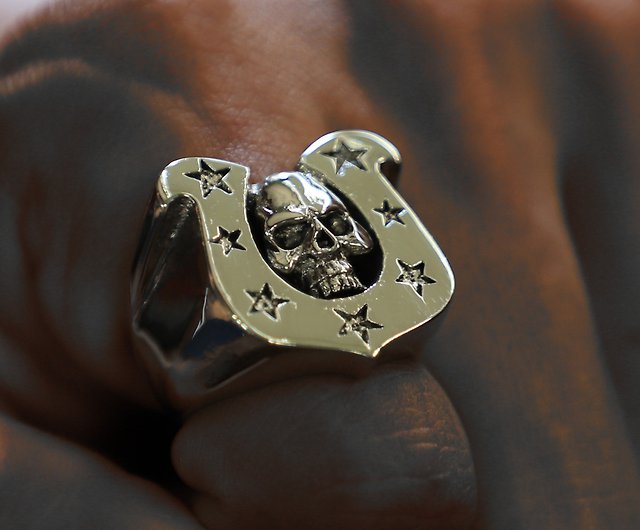 Horseshoe skull star Biker ring men sterling silver 925 western