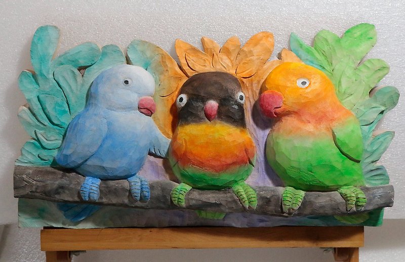 うるさいカラフルな太った三羽の小鳥 / 木彫り / 木彫り - 置物 - 木製 