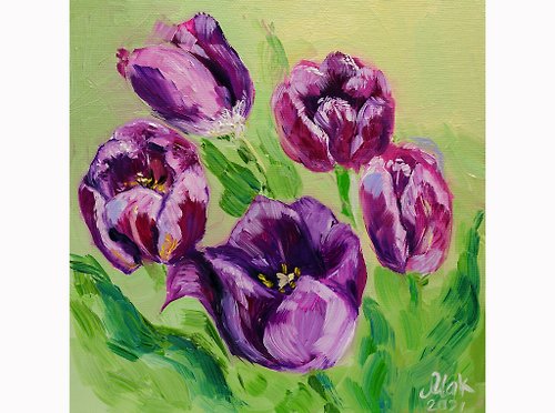 Nataly Mak Tulip Oil Painting Floral Original Art Small Kitchen Painting Pink Flower Canvas