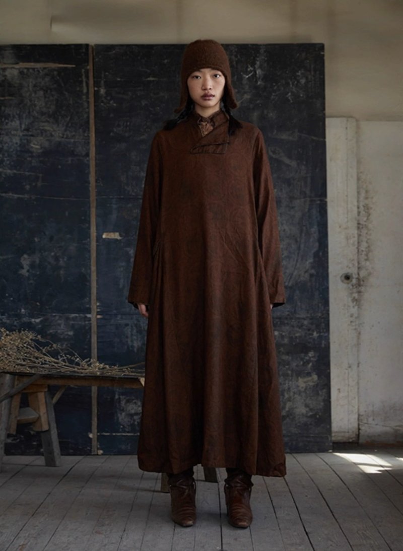 復古文青 棉麻印花連身裙 舒適休閒長袍 - 洋裝/連身裙 - 其他材質 