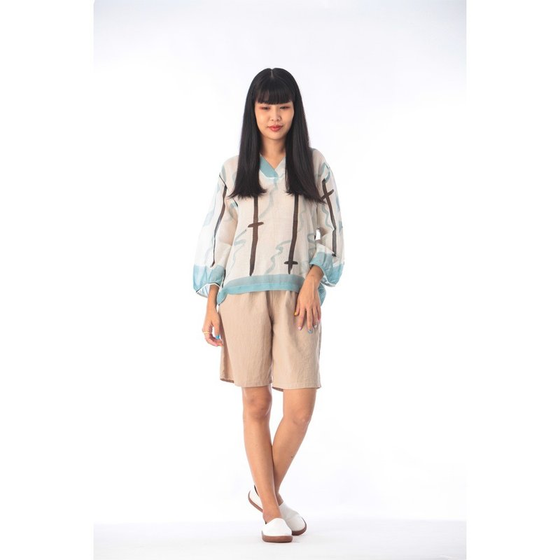 Blouse Cotton Voile Hand Paint Free Size - 女上衣/長袖上衣 - 棉．麻 白色