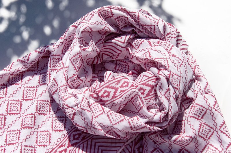 超大型純綿シルクスカーフ手作り木版画印刷工場染めスカーフ木染め綿シルクスカーフ-南アメリカインディアン - マフラー・ストール - コットン・麻 レッド