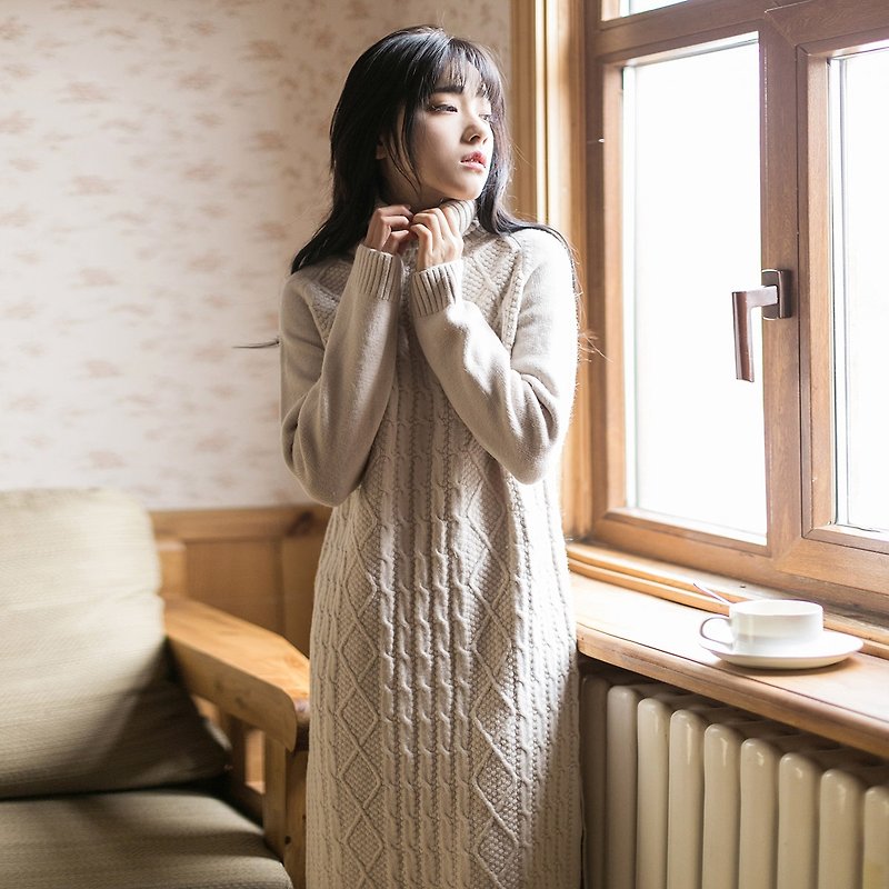 Anne Chen 2017 winter new women's side-opening high-necked knit dress dress - ชุดเดรส - ผ้าฝ้าย/ผ้าลินิน ขาว