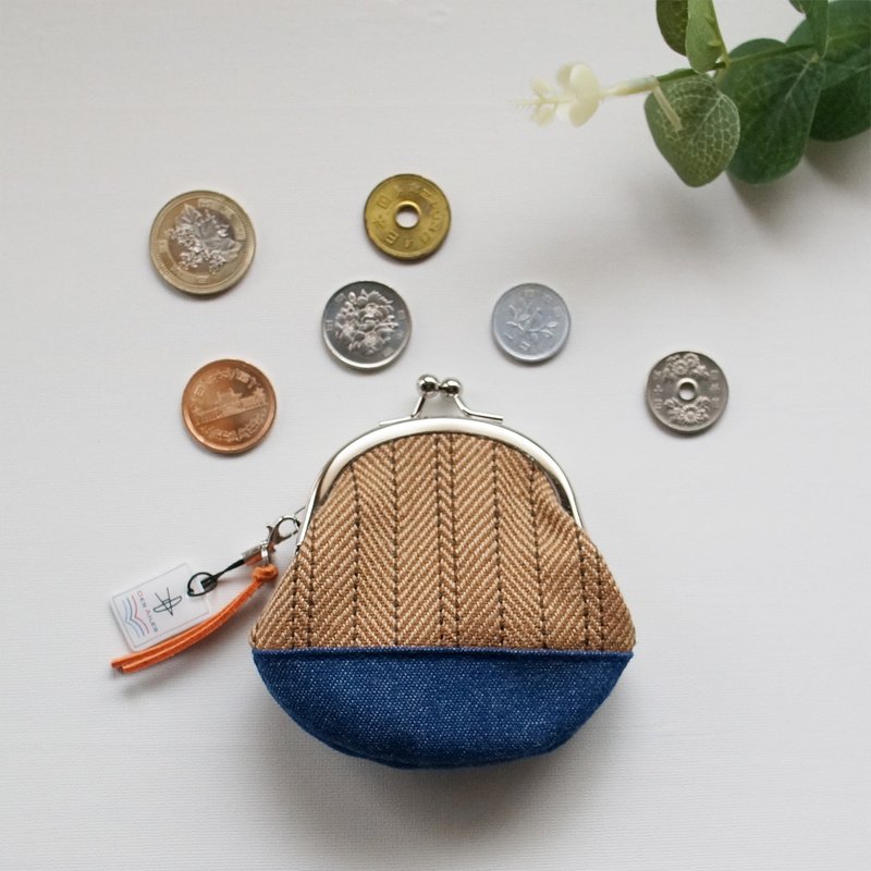 Denim x herringbone kiss lock bag coin purse (coin case) Gift for men, pair use, birthday, as the first wallet for children - กระเป๋าใส่เหรียญ - ผ้าฝ้าย/ผ้าลินิน สีนำ้ตาล