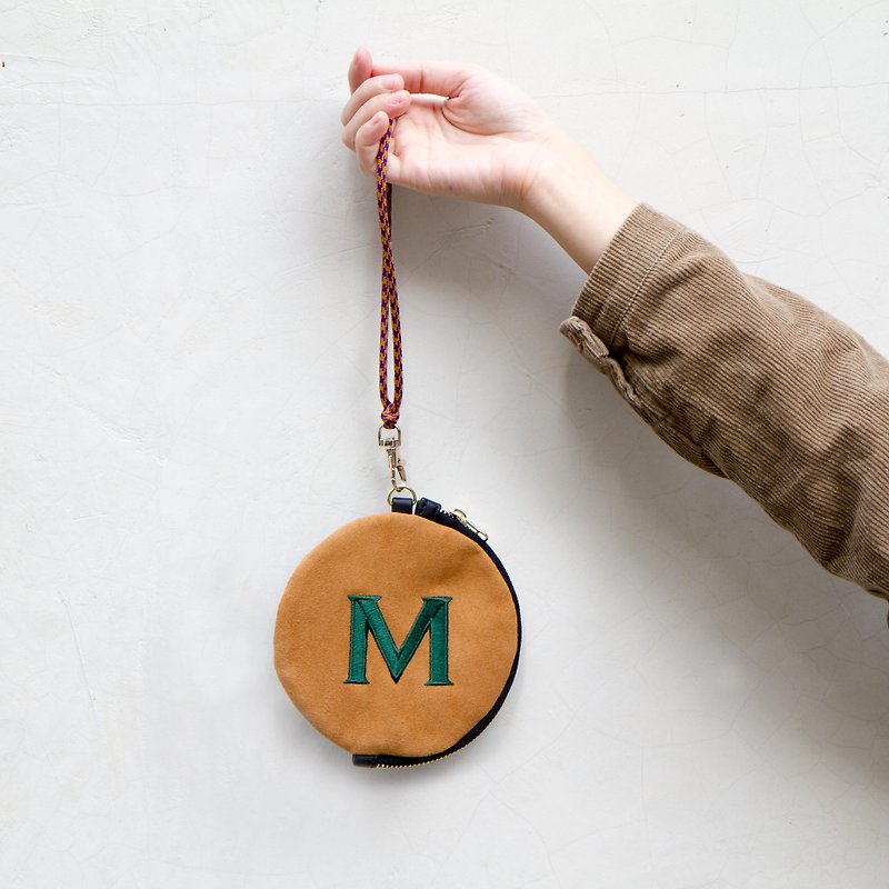 Brown green alphabet M embroidered coin & card holder purse (with halter & wrist strap) - ID & Badge Holders - Polyester Brown