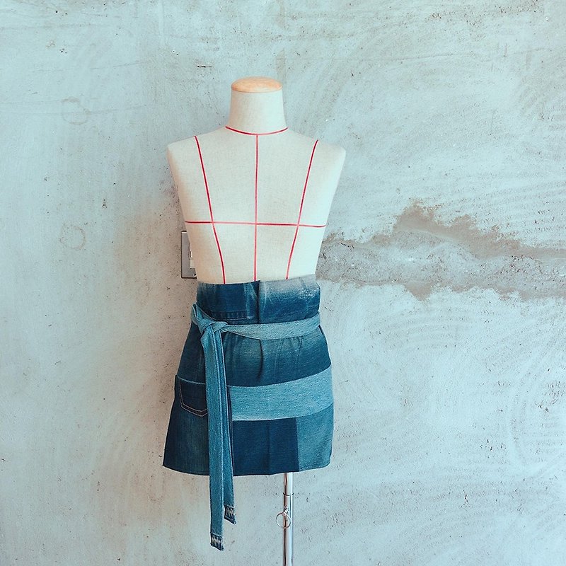 Tannin Japanese style stitching short apron apron stitching tannin handmade - Other - Cotton & Hemp Blue
