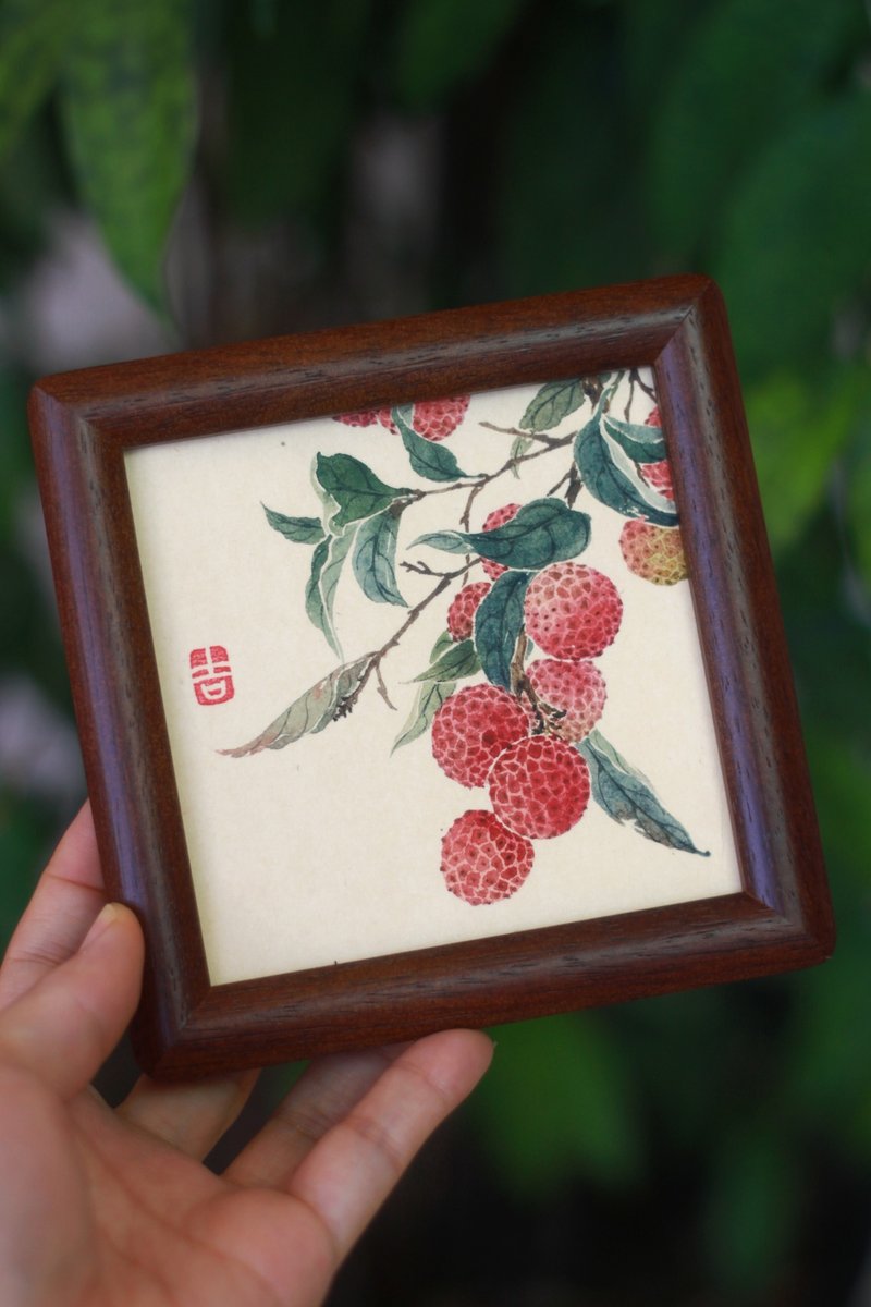 荔枝國畫作品集 | 國畫原作孤品 | 4寸沒骨畫 | 中式擺台 | 實木 - 相框/畫框 - 紙 白色