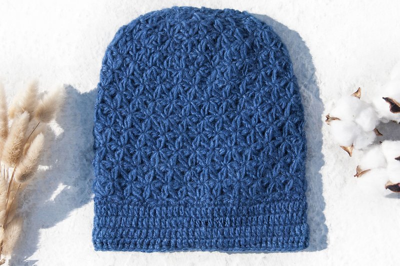Hand Knitted Pure Wool Hat/Knitted Hat/Knitted Woolen Hat/Inner Brush Hand Knitted Woolen Hat/Knitted Hat-Blue - หมวก - ขนแกะ สีน้ำเงิน
