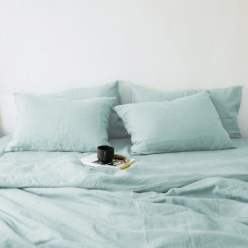 True Things Sea glass linen sheet set / Flat+fitted sheet+2 pillowcases / Blue bedding