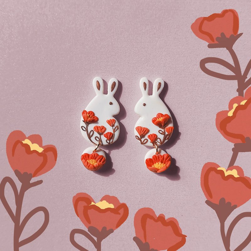 bi rabbit//Little white rabbit peony safflower handmade clay earrings - Earrings & Clip-ons - Clay Red