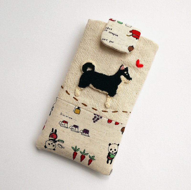 Blackwood dog embroidery phone bag (M) for 5 inch mobile phone - Other - Cotton & Hemp 