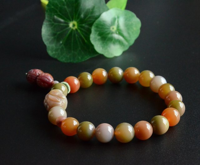 開運蓮】天然塩源瑪瑙 秋香るグリーンのカラフルブレスレット
