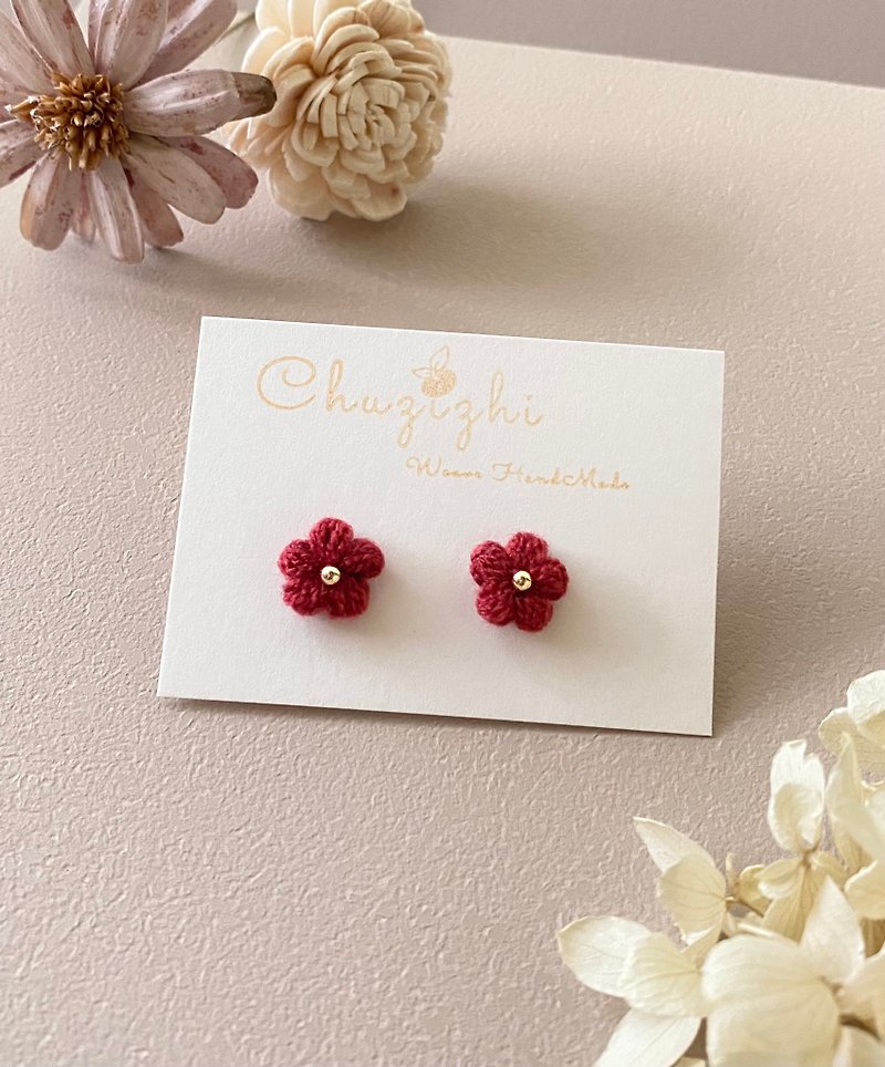 Crocheted Puff Flower Earrings Medical Steel Ear Pins - Earrings & Clip-ons - Cotton & Hemp Red