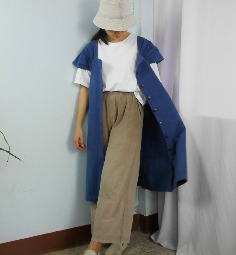 手織りの綿のドレスボタンアップフロントカット（ブルー） - ワンピース - コットン・麻 ブルー