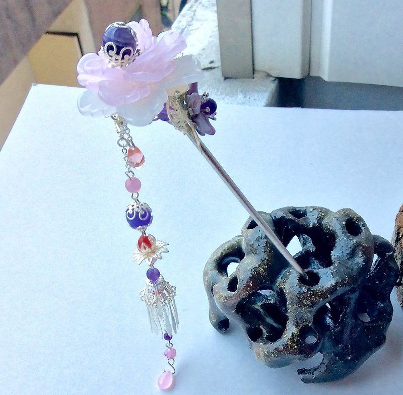 Hand-made ~ meow peony hairpin (bottom silver / pink) - Hair Accessories - Other Materials Multicolor