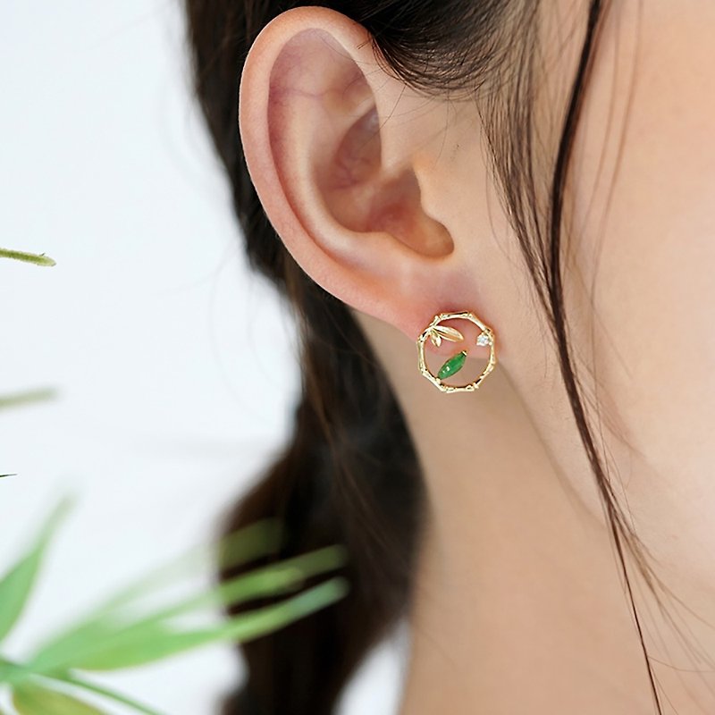 Xizhu 18K Gold Jade Earrings Designed Inlaid Ice Seed Floating Flower Temperament Earrings Diamonds Women's Gifts - ต่างหู - โลหะ 
