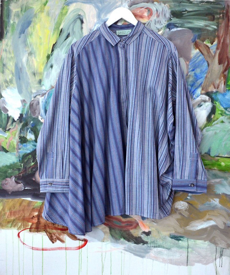 Blue striped irregular tailoring shirt jacket BOY FRIEND SHIRT - Women's Shirts - Cotton & Hemp Blue