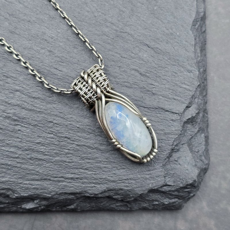Moonstone Wire Wrapped Pendant , Silver , Oxidized - Necklaces - Sterling Silver White