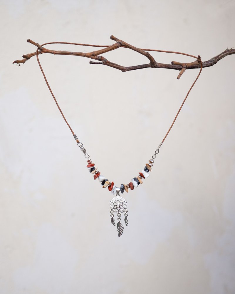 Mayan sign silver choker, raw jasper, howlite, obsidian, dream catcher - 項鍊 - 寶石 多色