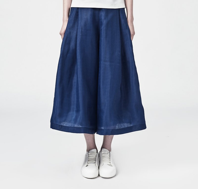 TRAN - 紗質活摺寬褲 - 女長褲 - 聚酯纖維 藍色
