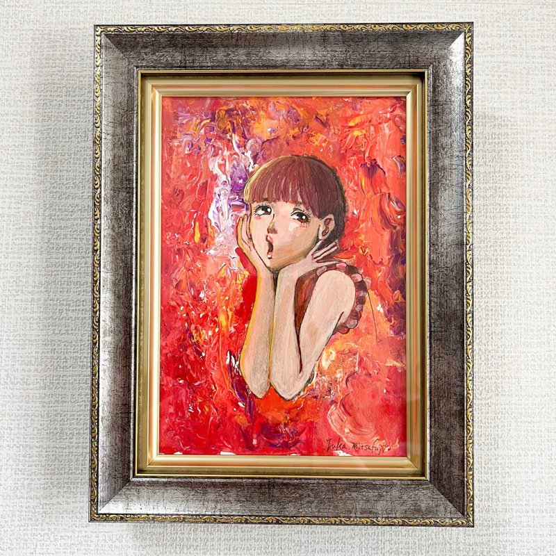 Beautiful woman Original art Acrylic Painting Framed SM anime abstract red - โปสเตอร์ - กระดาษ สีแดง