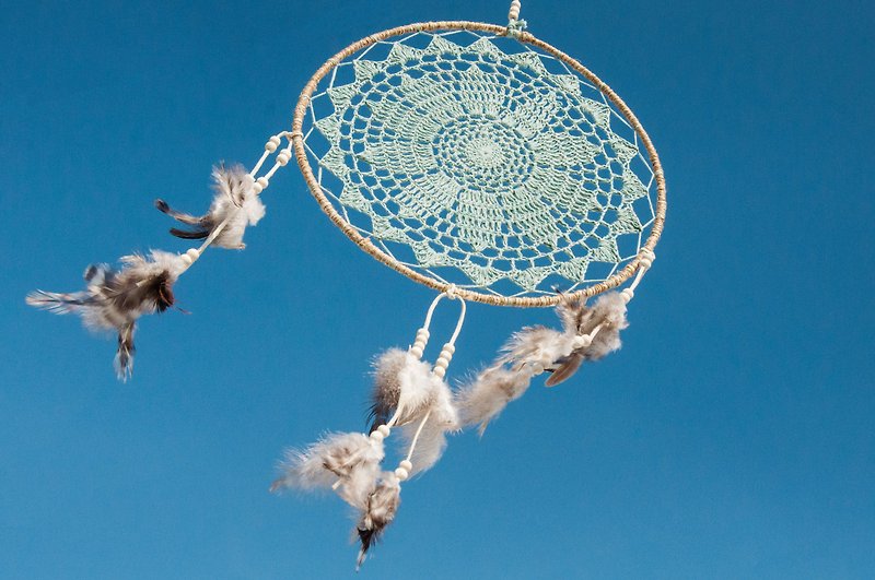 Hand-woven cotton and linen earth color dream catcher dream Cather-lace blue plant dye + suede - Items for Display - Cotton & Hemp Blue